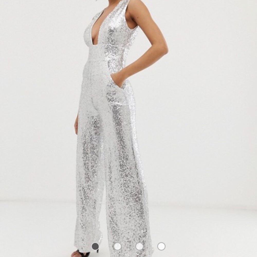 Club L sequin plunge neck detail jumpsuit Silver